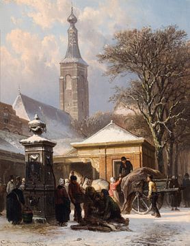 De vismarkt van Zaltbommel in de winter, Cornelis Springer
