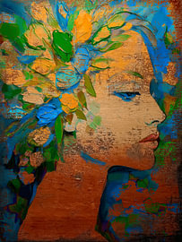 Modernes abstraktes Frauenporträt mit Blumen in warmen Farbtönen von Studio Pieternel
