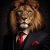 Portrait élégant d'un lion en costume sur mesure avec cravate rouge – Photographie fine art puissante et élégante sur Design Wall Arts