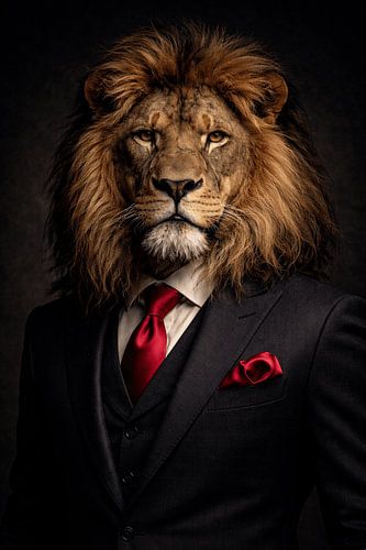Stijlvol Leeuwenportret in Maatpak met Rode Stropdas – Krachtige en Elegante Fine Art Fotografie
