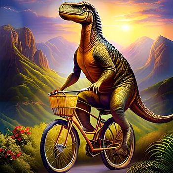 surrealer Dinosaurier T-Rex auf einem Fahrrad