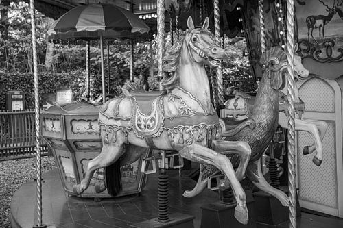 Black and white photo of a carousel