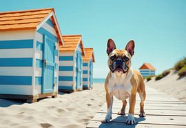 Franse buldog op strand promenade met strandhutjes van Markus Gann