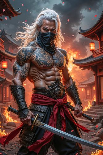 KAZUMOR – A Japanese swordsman in front of a burning village