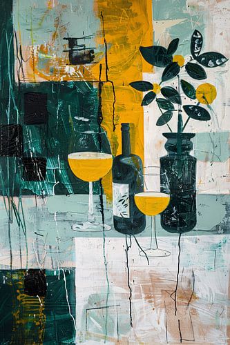 Nature morte abstraite avec bouteille et verres colorés