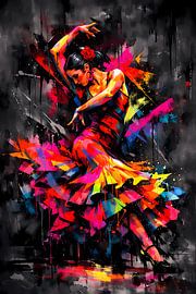 Une passion ardente dans un tourbillon de couleurs – Tableau mural représentant une danseuse de flamenco abstraite sur ButterflyPix