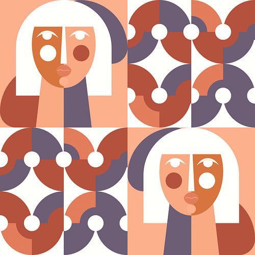 Retro pop meisjes in violet, terra en perzik. Moderne geometrie