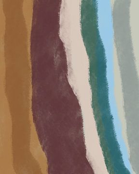 Retro 70s geïnspireerd schilderij met penseelstrepen in okergeel, warm bruin, smaragd, roze en grijs van Dina Dankers