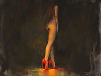 nude in red heels in classic Dutch light