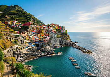 Manarola, Italien: Küstendorf an der Steilküste mit Booten im Hafen