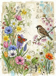 Printemps botanique : moineaux et papillons parmi les fleurs printanières