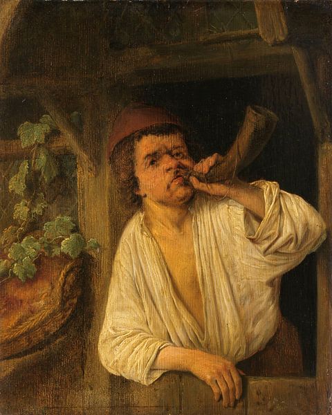 Un boulanger soufflant dans sa corne, Adriaen van Ostade par Des maîtres magistraux