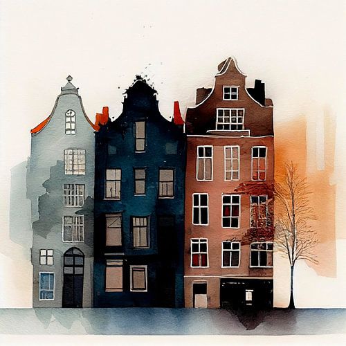 Maisons du canal d'Amsterdam à l'aquarelle