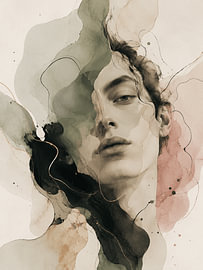 Portrait abstrait à l'aquarelle d'une femme dans des tons de vert terre, de rose poudré et de charbon sur Alfonz
