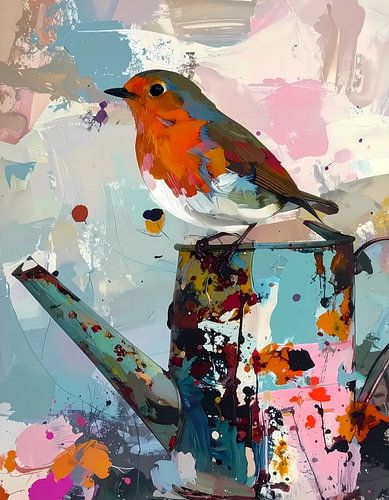 Roodborst op gieter - Modern expressief - penseelstreken en abstracte kleurige vlakken
