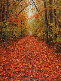 Levendig olieverfschilderij in impasto-techniek: een herfstpad in het bos