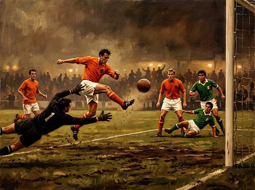 Actieschilderij van de voetbalwedstrijd Nederland tegen Mexico