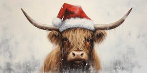Schottischer Highlander mit Weihnachtsmütze