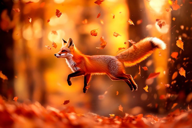 Fuchs springt durch herbstliche Blätter von Poster Art Shop