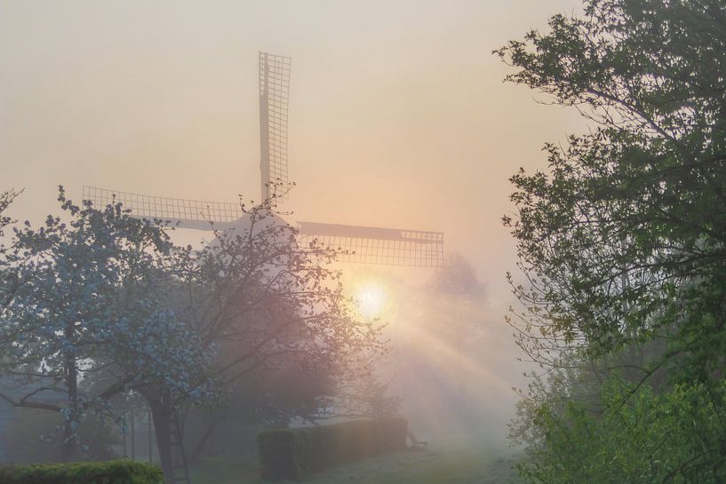 Molen in de mist. van Hans Buls Photography