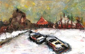 Bootjes in een winters sneeuw landschap.