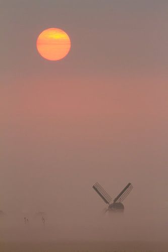 Verticale foto van de molen en opkomende zon boven de mist