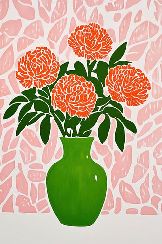 Stilleven met rode bloemen in een groene vaas