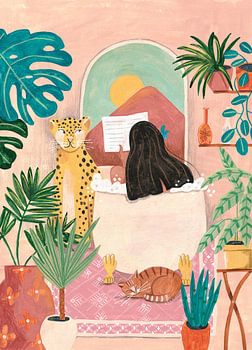 Vrouw in bad in roze tropische badkamer