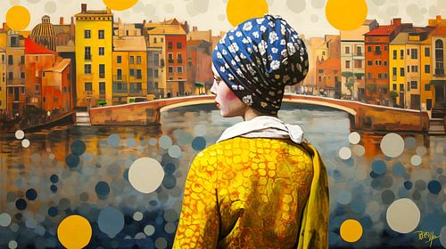 Modern Girl with a Pearl Earring II Johannes Vermeer looking at the canals in Amsterdam