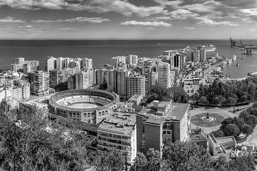 Panorama van de stad Malaga in Spanje in zwart-wit