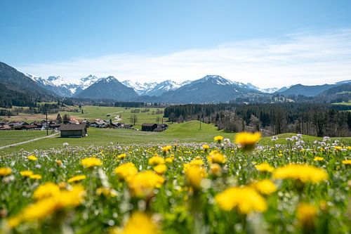 Lente met sneeuw in de Allgäuer bergen en uitzicht op Oberstdorf