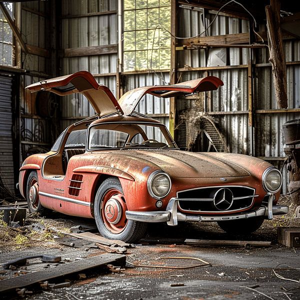 Lost Place Mercedes 300 SL gullwing doors red shed barn by gm_designs