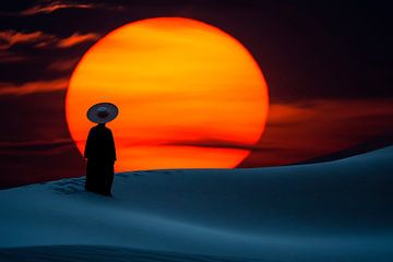 Homme en méditation au coucher du soleil sur Poster Art Shop