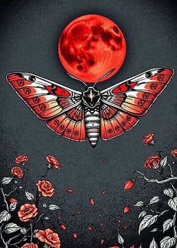Rode lamp; witte mot met rode maan - Dark Floral Fantasy Art van MIROKKU