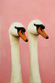 Two Swans in Pink Pastel - Minimalist Animal Portrait by Roger VDB