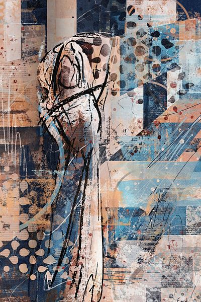 Abstract kunstwerk vrouw met jurk - gesture tekening in kleur van Emiel de Lange