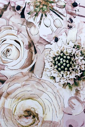 Mixed media met verschillende bloemen in wit.