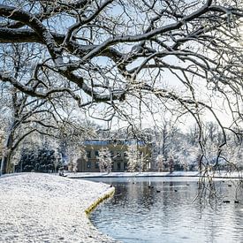 Borg Nienoord with pond in front of it in the snow by R Smallenbroek