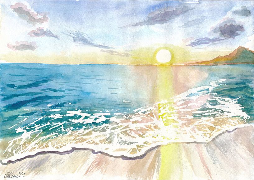 Strand-Sonnenuntergang mit Blick auf Martinique und karibische Wellen von Markus Bleichner