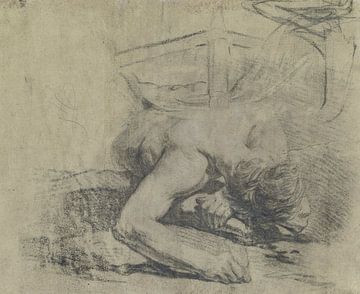 Mann auf dem Boden liegend und die Ecke eines Bettes, Jean-Baptiste Deshays, 1758-1765 von Atelier Liesjes