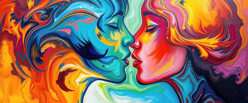 Abstraction of kissing women - contrasts in a kiss between warmth and coolness, passion and silence by AidasignArt