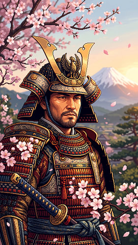 Pixel Art : The Noble Samurai Warrior Beneath the Sakura Blossoms and Mount Fuji at Sunset