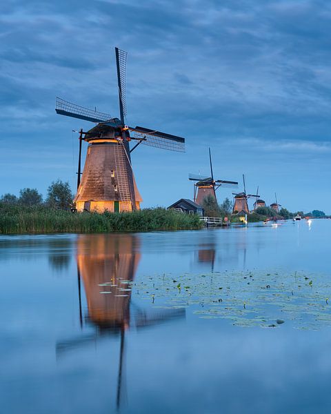 Les moulins à vent illuminés de Kinderdijk pendant l'heure bleue par Margreet Riedstra