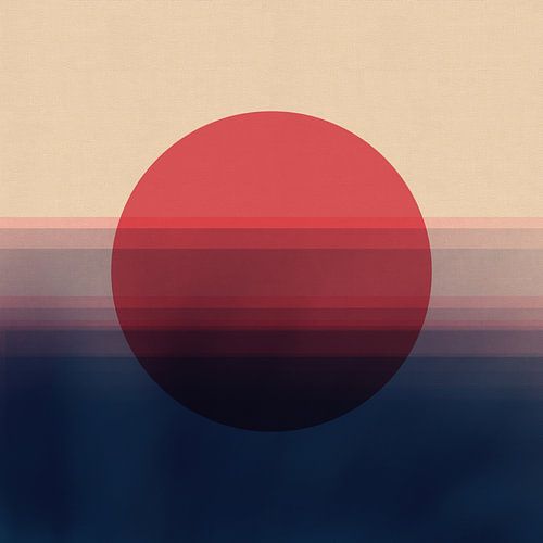 Paysage minimaliste avec forme de soleil en rouge et bleu marine
