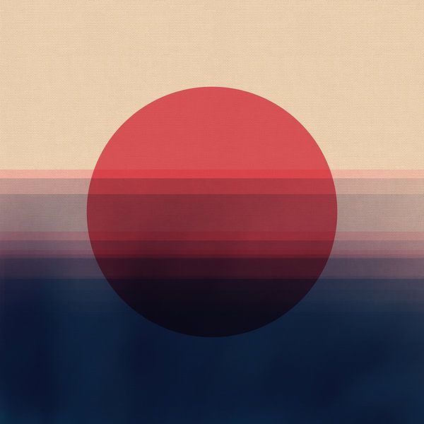 Minimalist landscape with sun shape in red and navy by Dina Dankers