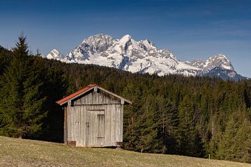 Blick von den Buckelwiesen auf Alpspitze und Zugspitze