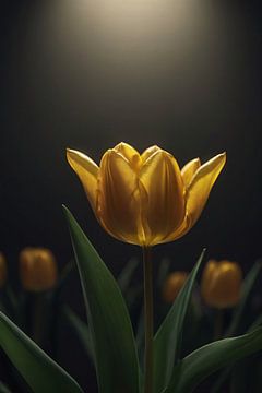 Tulipe jaune brillante dans l'obscurité sur De Muurdecoratie