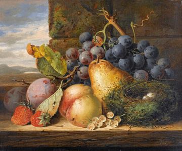 Stilleven met een vogelnest en fruit, Edward Ladell