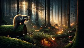 Neugieriger Dachs in einem mystischen Pilzwald von artefacti