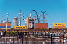 Freight train in front of the Gateway Arch